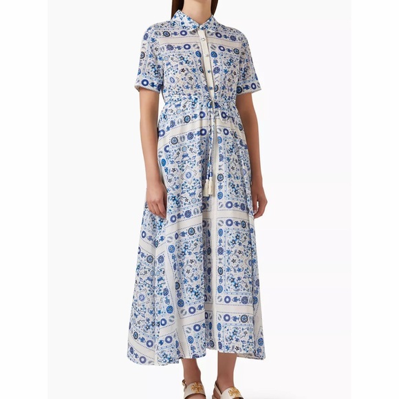 Tory Burch Dresses & Skirts - Tory Burch Pisces Dream Printed Shirt Dress Midi Blue Floral Paisley Bandana S